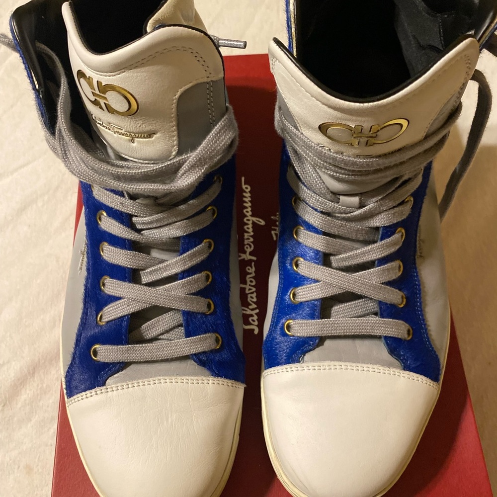 Salvatore Ferragamo Blue and White High-Top Sneakers